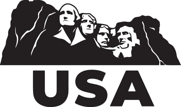 Bold black and white vector illustration of Mount Rushmore, featuring four presidential faces carved into the mountain, representing American history and patriotism.