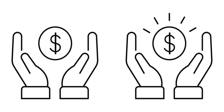 Vector icon illustration of a hand holding a money bag with a heart, symbolizing charitable giving, financial donation, and philanthropic support