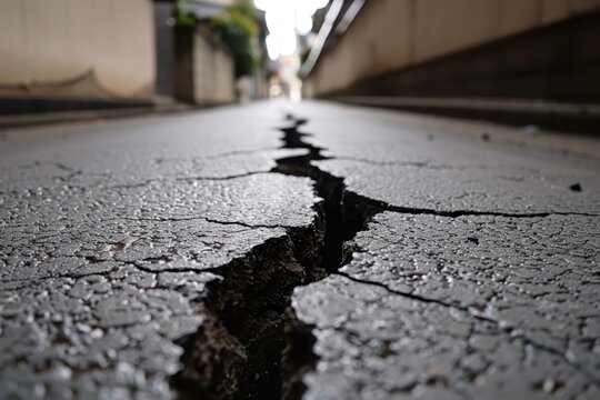 Close-up of a large crack running through an asphalt street, indicating damage likely caused by an earthquake or ground movement.