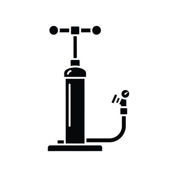 Manual floor air pump icon with pressure gauge and hose for inflating bicycle tires and sports equipment, isolated black silhouette on white background.