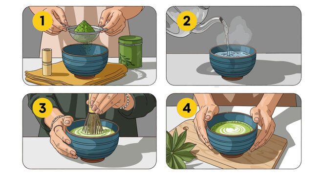 A person preparing matcha green tea in a step by step process