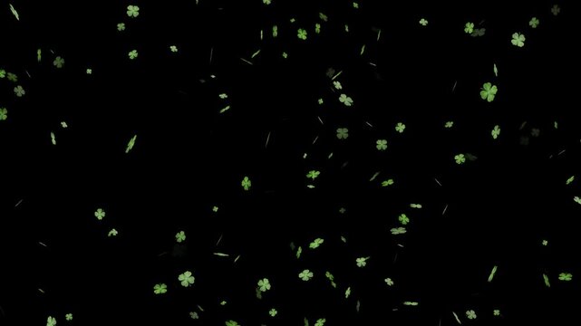 Green Flying Three Four Leaf Clovers St Patrick's Day, Experience continuous luck with this 3D shamrock leaves falling transparent alpha loop. A magical clover leaf transition with glowing shamrock.