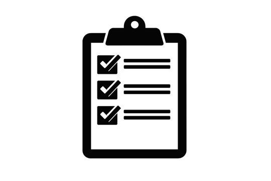 Checklist icon on clipboard with check marks and lists in black and white