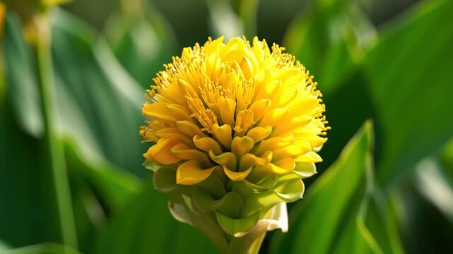 Close up of a bright yellow spherical flower bloom with many small petals, set against a soft focus background of lush green leaves, nature, botany, springtime