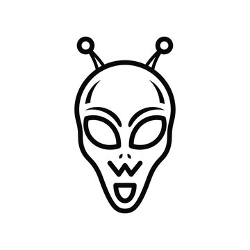 Minimalist black and white line art icon of a friendly extraterrestrial alien head with antennae for science fiction branding and creative space-themed graphic design projects.