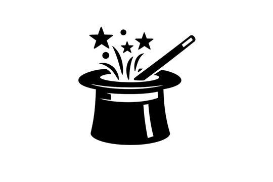 Magic hat with wand and stars: black and white icon of magical elements