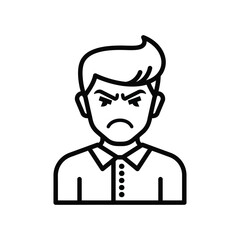 Obraz premium Minimalist line art icon of an angry man with a frustrated facial expression, ideal for customer feedback, negative reviews, and emotional character avatars.