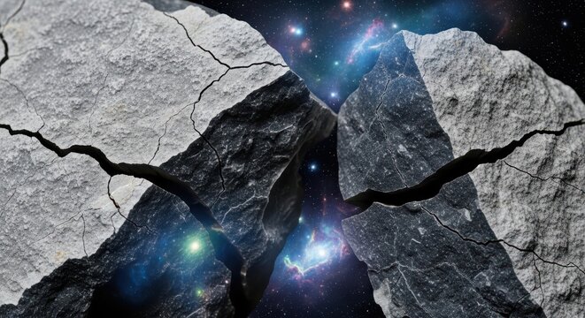 Sharp angular fragments of lunar rock lithology against a vibrant cosmic galaxy and nebula background
