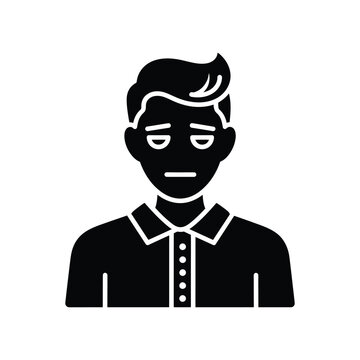 Minimalist black glyph icon of an exhausted man with a bored facial expression and heavy eyes, representing burnout, fatigue, or indifference for user interface design.