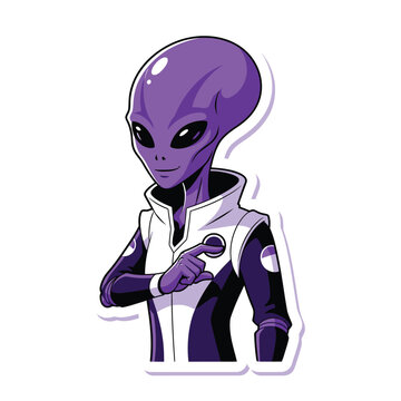 A futuristic purple alien character pointing with one finger. sticker