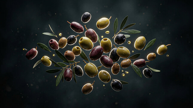 Aceitunas frescas flotando en escena 3D minimal