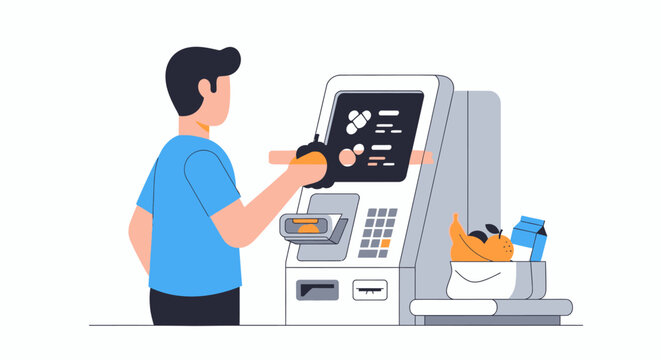 Man using self checkout machine purchasing groceries illustration