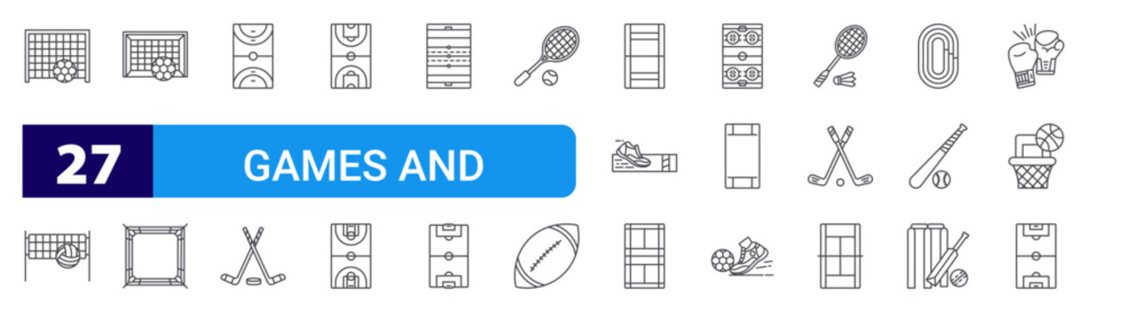 set of 27 thin line games and stadium icons such as handball, volleyball, soccer, boxing ring, handball court, ice hockey, volleyball court, basketball court, rugby. editable stroke vector