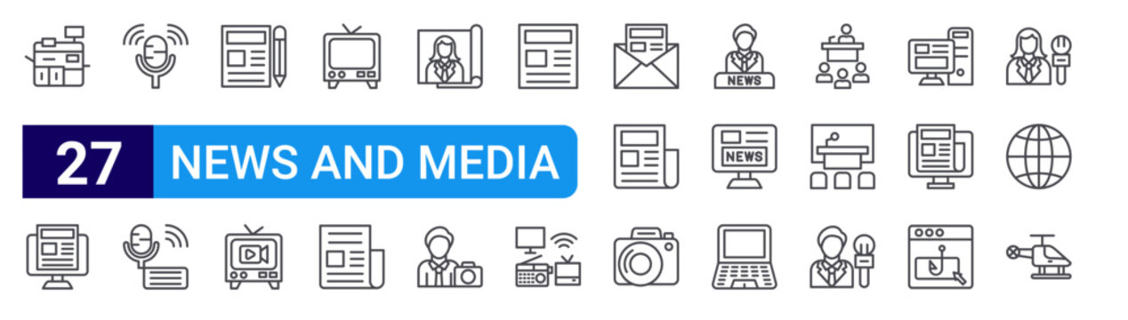 set of 27 thin line news and media icons such as printing hine, news, on air, podcast, editor, live broadcast, television, column, magazine. editable stroke vector illustration isolated on white