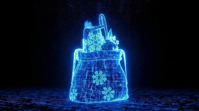 Digital Blue Neon Christmas Gift Bag With Decorations On Techy Surface With Dark Background Potentially Used For Festive Digital Designs Advertisements