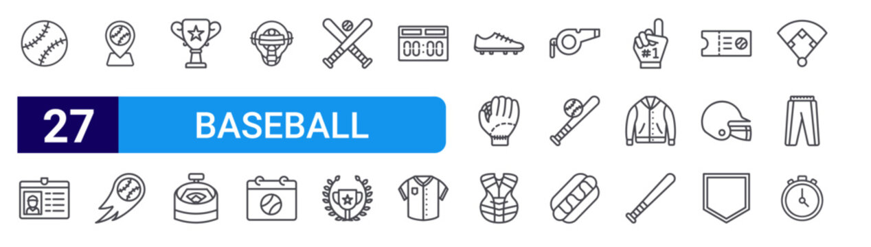set of 27 thin line baseball icons such as baseball, id card, location, ball, trophy, stadium, helmet, calendar, bats. editable stroke vector illustration isolated on white