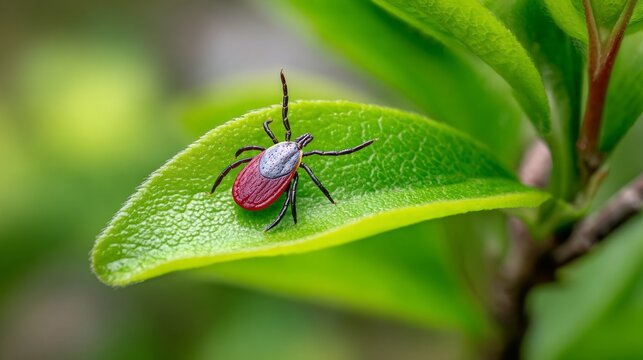 Tiny red tick rests on vibrant green leaf