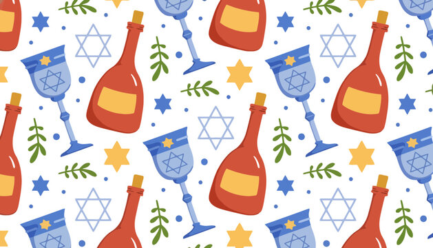 A Jewish wine bottle and glass illustration with Star of David pattern
