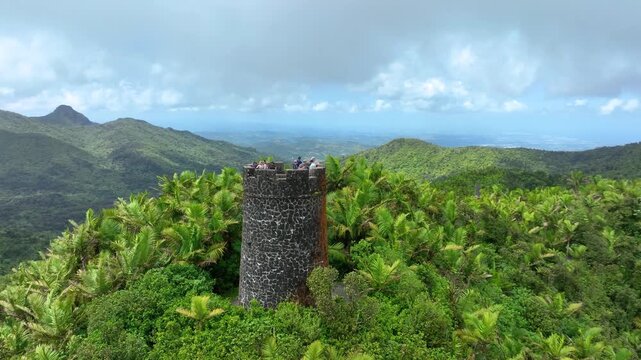 Aerial footage of people on the Britton Tower, El Yunque, PR