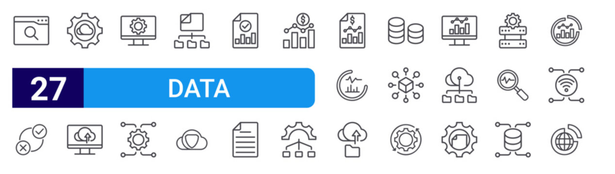 set of 27 thin line data icons such as search engine, decision making, cloud tings, cloud computing, computer tings, microservices, file management, secure, seo report. editable stroke vector