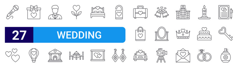 Naklejka premium set of 27 thin line wedding icons such as microphone, love, gift box, hot air balloon, groom, hall, flower, wedding dinner, double bed. editable stroke vector illustration isolated on white