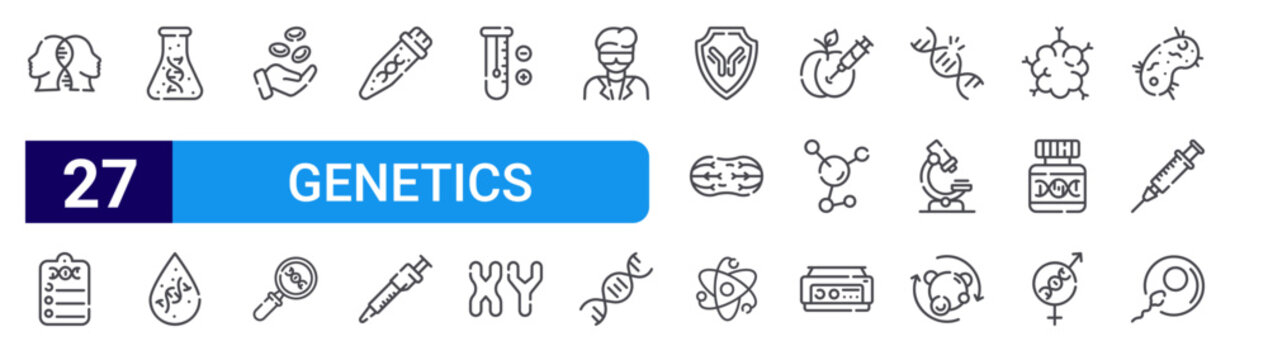 set of 27 thin line genetics icons such as twins, report, flask, blood, cell, research, test, pipette, swab. editable stroke vector illustration isolated on white