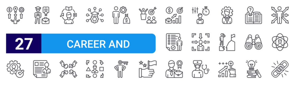 set of 27 thin line career and leadership icons such as outsorcing, skills, internship, resume and cv, hobbies, teamwork, study, adaptation, money management. editable stroke vector illustration