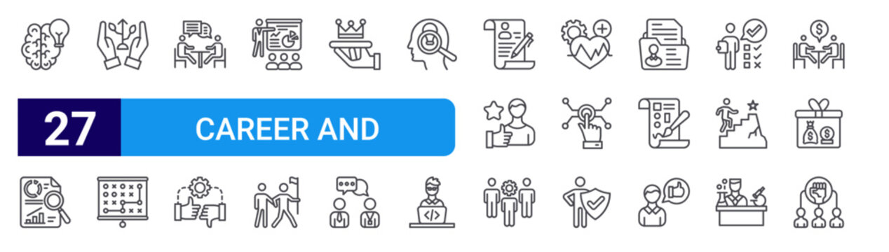 set of 27 thin line career and leadership icons such as innovation, result, care, strategic plan, meeting, conflict, training, leadership, membership. editable stroke vector illustration isolated on