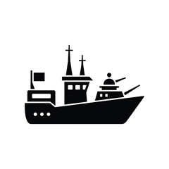 Minimalist black silhouette icon of a modern naval warship with artillery turrets for military defense and maritime security concepts © JAKEYA