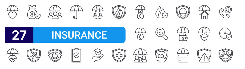 set of 27 thin line insurance icons such as insurance, health insurance, travel agent, eye umbrella, privacy policy, peer to peer. editable stroke vector illustration isolated on white © Icon World