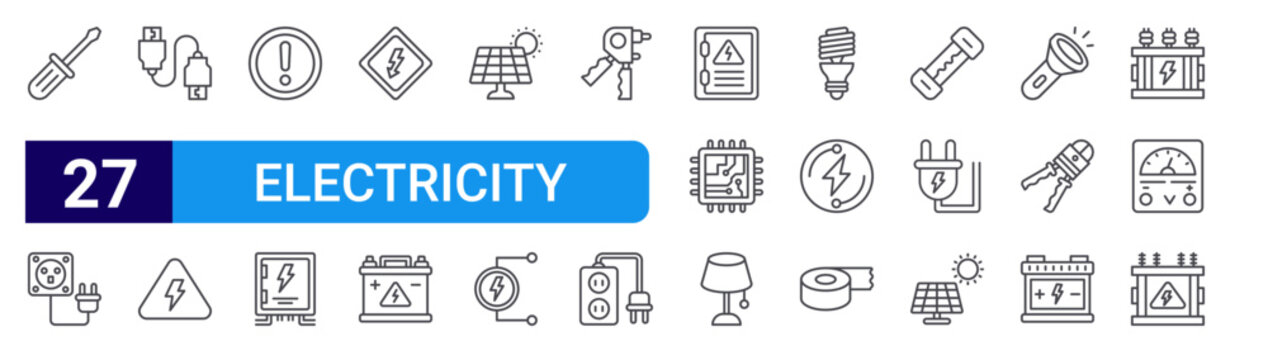 set of 27 thin line electricity icons such as screw driver, wall plug, hdmi cable, high voltage, danger, fuse box, caution, accumulator, solar panel. editable stroke vector illustration isolated on