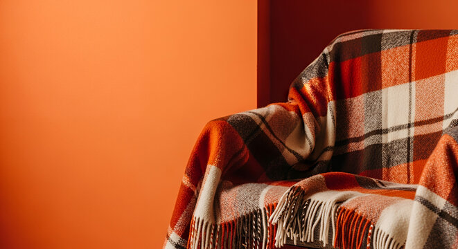 Cozy chair draped with a plaid blanket in a warm orange room