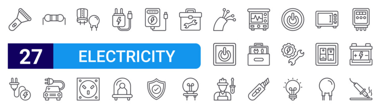 set of 27 thin line electricity icons such as torch, cable, resistor, car, capacitor, electric socket, adapter, diode, power bank. editable stroke vector illustration isolated on white
