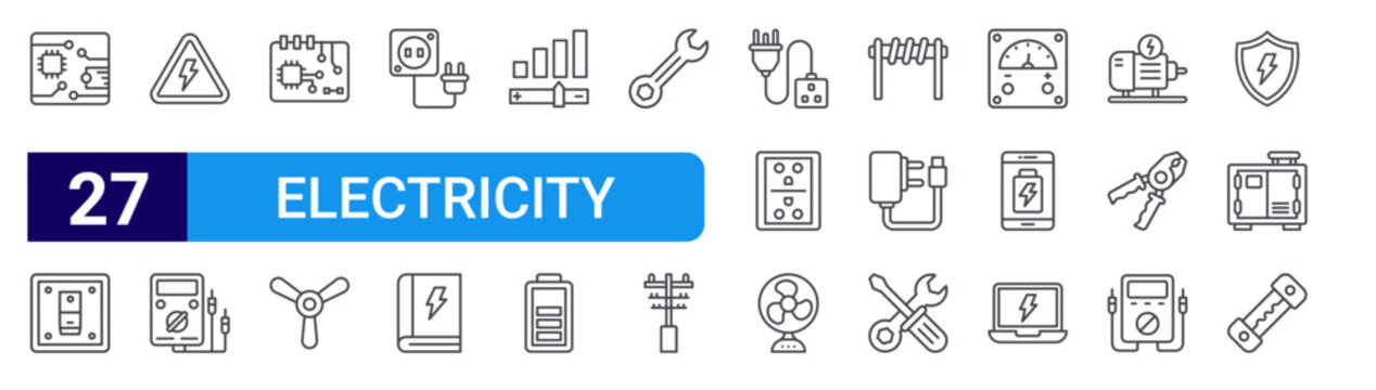 set of 27 thin line electricity icons such as pcb board, switcher, electrical danger, tester, circuit board, fan, plug, book, intensity. editable stroke vector illustration isolated on white