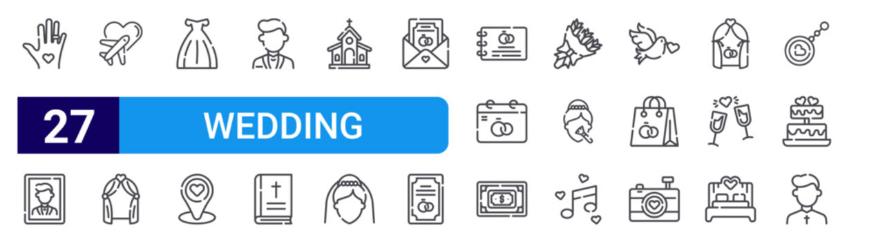 set of 27 thin line wedding icons such as hand, wedding, honeymoon, decoration, wedding, groom, bible, building. editable stroke vector illustration isolated on white