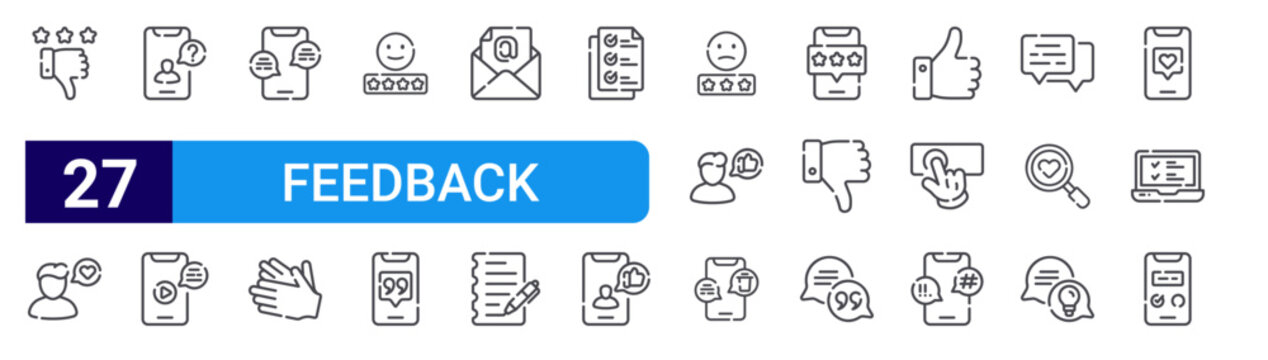set of 27 thin line feedback icons such as bad, customer, asking, live, comment, appreciation, smaile, testimonial, email. editable stroke vector illustration isolated on white