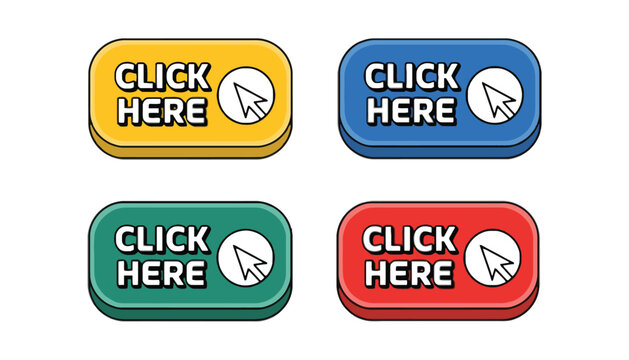 A colorful set of click here buttons in different shapes and sizes