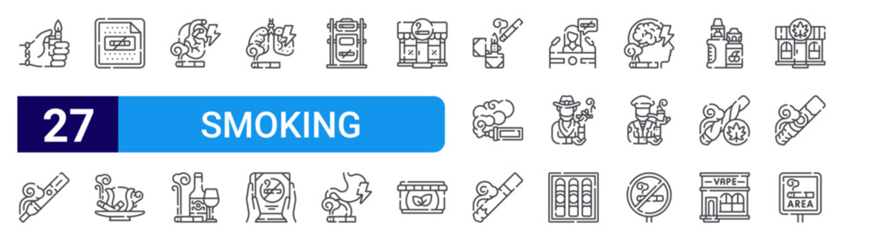 set of 27 thin line smoking icons such as lighter, electronic cigarette, nicotine patch, cup, heart, wine, lungs, book, bin. editable stroke vector illustration isolated on white