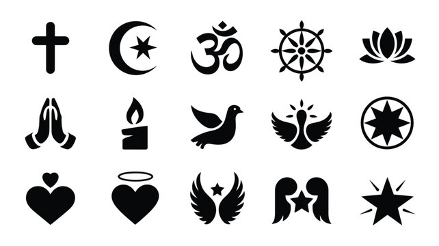 Collection of diverse religious and spiritual symbols silhouettes including christian cross islamic crescent om dharma wheel lotus flower praying hands candle dove star of david