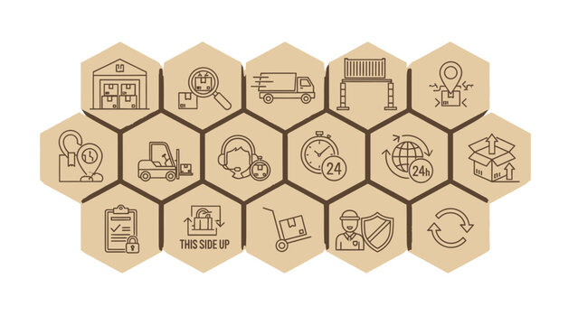 A collection of ESD safe handling icons on wooden hexagons