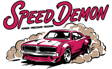 Speed Demon. Drag race graphic print for t-shirt, poster, and stickers. Extreme motor sports design, drifting culture, road speed classic car. © Tri