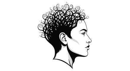 Profile portrait of a woman with abstract curly hair shaped like tangled branches © MSF