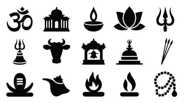 Collection of hindu religious symbols and icons including om temple diya lamp lotus flower trident bell cow stupa arrows lingam flame and mala beads representing spirituality