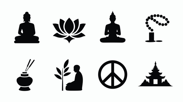 Collection of silhouette icons representing buddhist religion and spirituality buddha figures lotus flower prayer beads incense peace symbol and pagoda architecture symbolizing