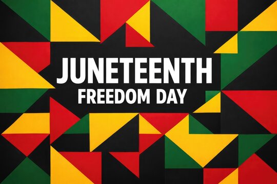 Juneteenth Freedom Day typographic poster, Pan-African colors geometric background, African American Emancipation Day celebration banner