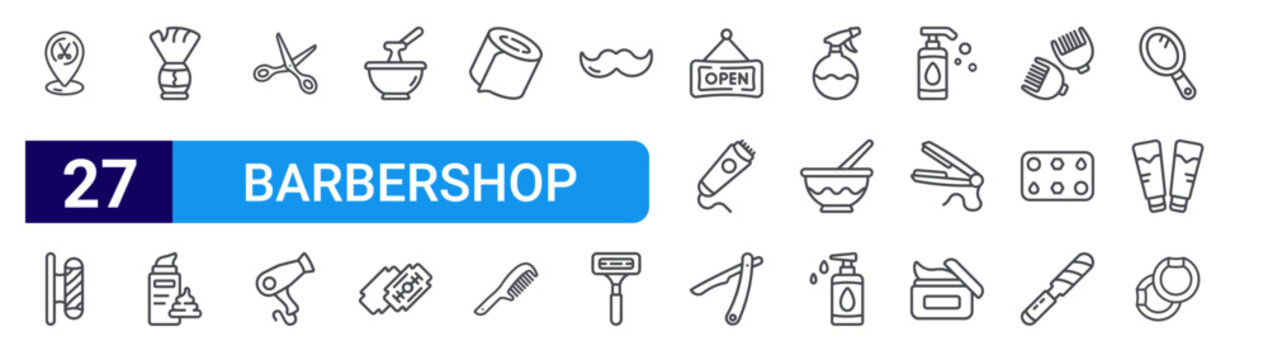 set of 27 thin line barbershop icons such as location, barber pole, shaving brush, shaving cream, scissors, hair dryer, waxing, razor blade, tissue roll. editable stroke vector illustration isolated