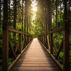 Fototapeta premium Serene forest path on a wooden bridge