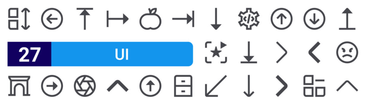 set of 27 thin line ui icons such as sort, archway, left, right, top, aperture, left, up arrow,. editable stroke vector illustration isolated on white