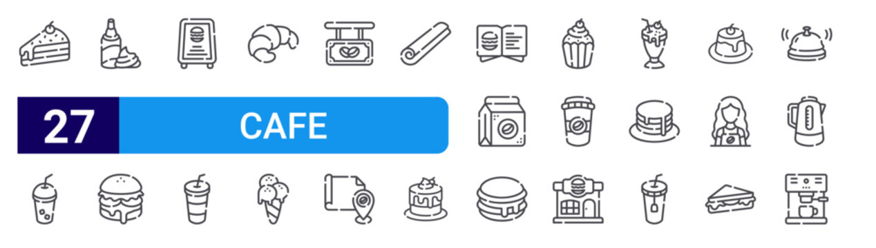 set of 27 thin line cafe icons such as cake, cold drink, whipped cream, hamburger, cafe, beverage, croissant, ice cream, open. editable stroke vector illustration isolated on white