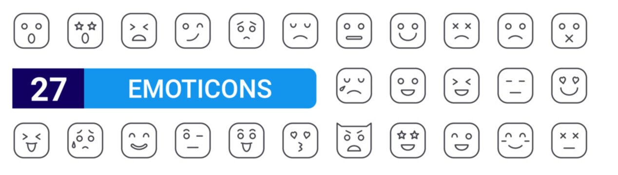 set of 27 thin line emoticons icons such as shock, happy, impressed, worry, annoyed, happy, happy, amazed, sad. editable stroke vector illustration isolated on white